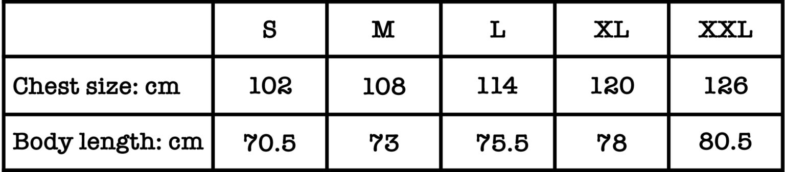 BUTT - Butt block tee-sizing chart